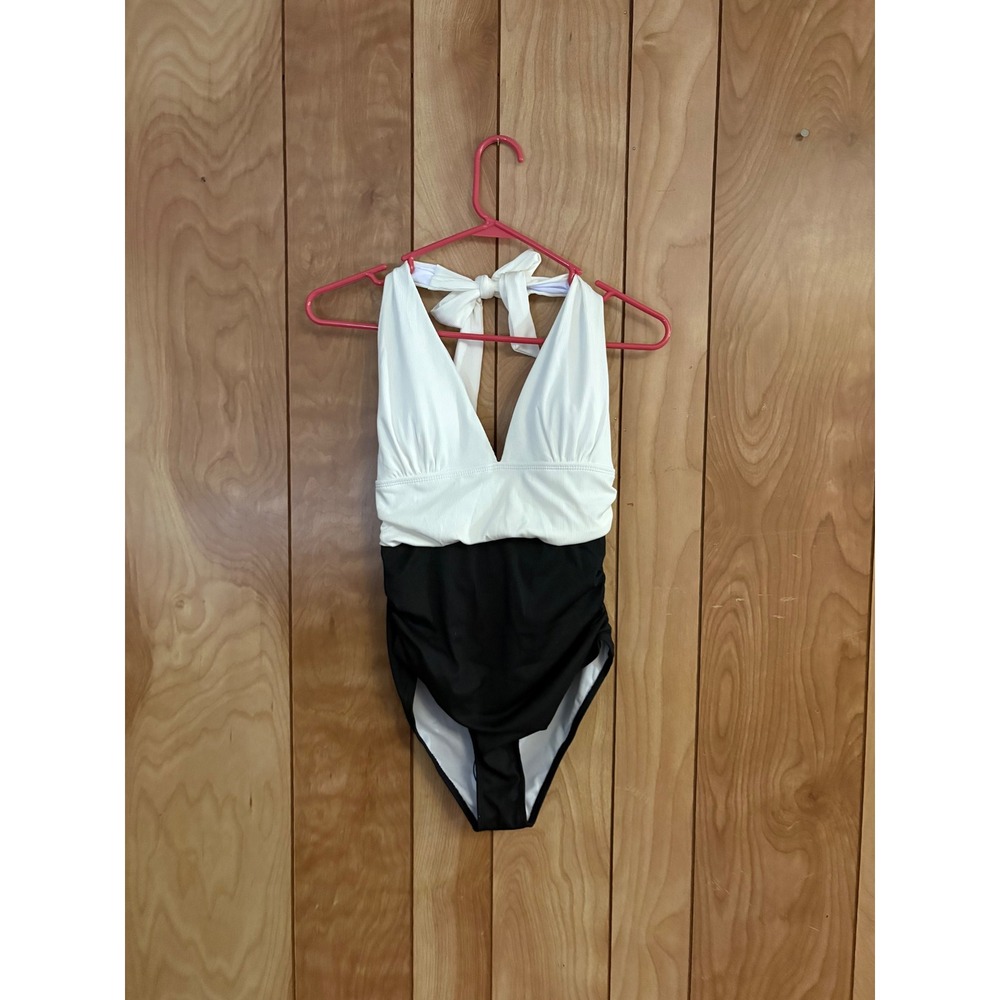 Women Black White Ribbed Halter One Piece Swimsuit Colorblock Ruched Size M